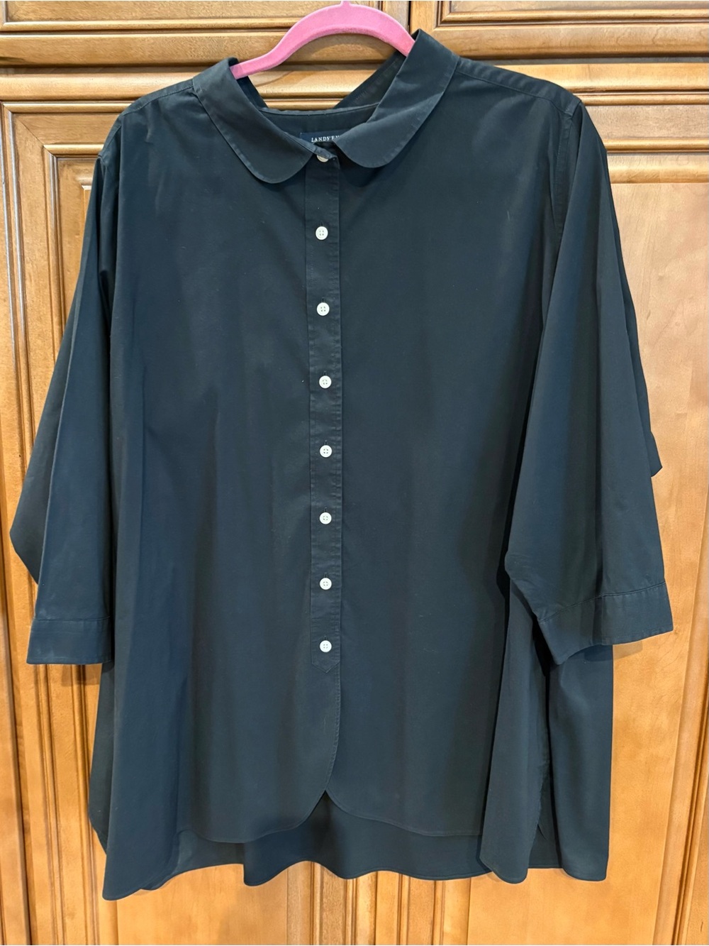 Lands' End Black Button-Down Shirt with Peter Pan Collar, Tunic Length. Size 28W